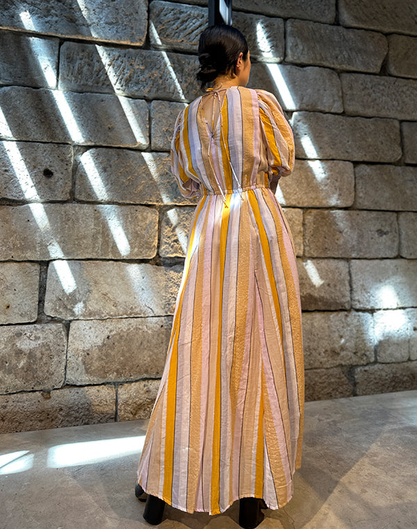 
                  
                    Load image into Gallery viewer, Cotton Voile Stripe Volume Sleeve Dress / 303237252001
                  
                