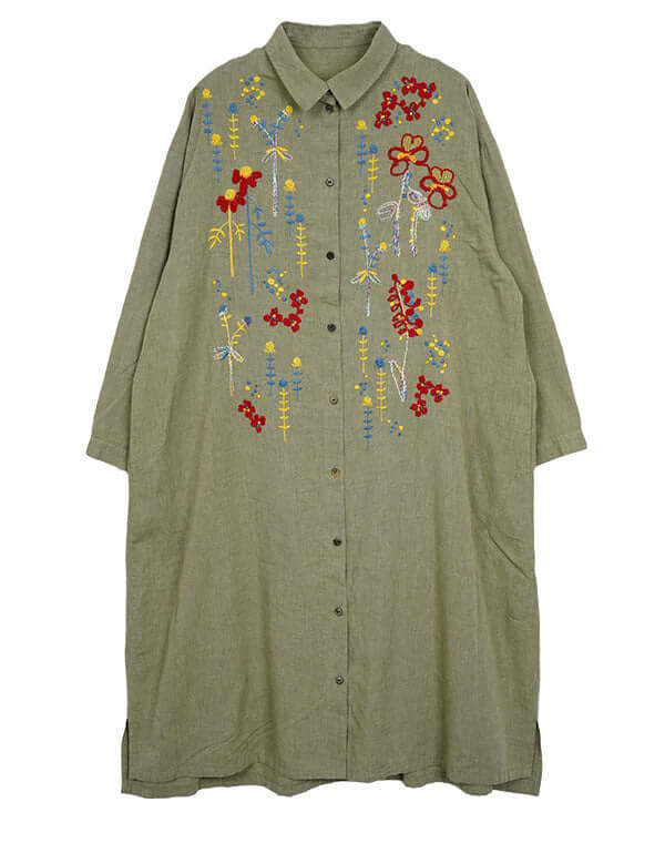 綿麻シャンブレー刺繡前開きワンピース / BEH01092WA