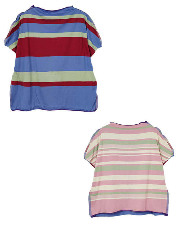 
                  
                    Load image into Gallery viewer, 前後切替ボーダーフレンチスリーブショートTシャツ / BEH01104WA
                  
                