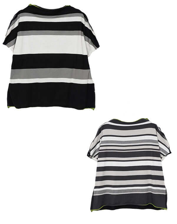 
                  
                    Load image into Gallery viewer, 前後切替ボーダーフレンチスリーブショートTシャツ / BEH01104WA
                  
                