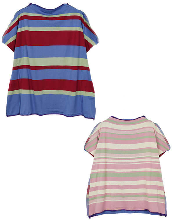 
                  
                    Load image into Gallery viewer, 前後切替ボーダーフレンチスリーブTシャツ / BEH01105WA
                  
                