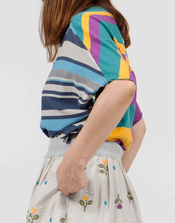 
                  
                    Load image into Gallery viewer, 前後切替ボーダーフレンチスリーブショートTシャツ / BEH01104WA
                  
                