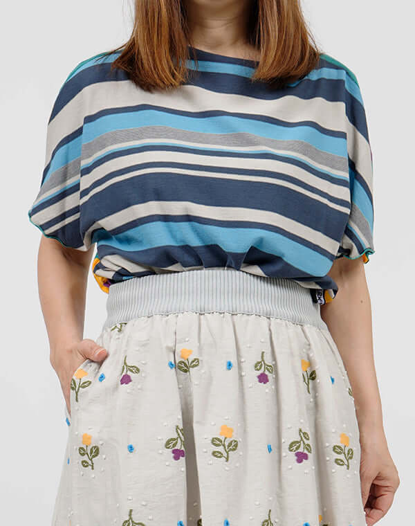 
                  
                    Load image into Gallery viewer, 前後切替ボーダーフレンチスリーブショートTシャツ / BEH01104WA
                  
                