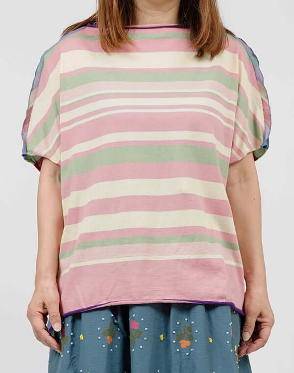 前後切替ボーダーフレンチスリーブショートTシャツ / BEH01104WA