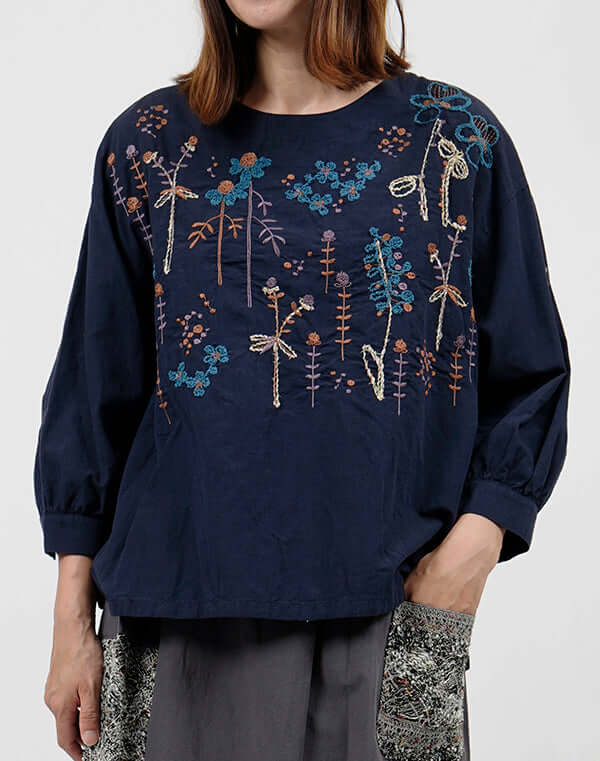 綿麻シャンブレー刺繍ブラウス / BEH01091WA