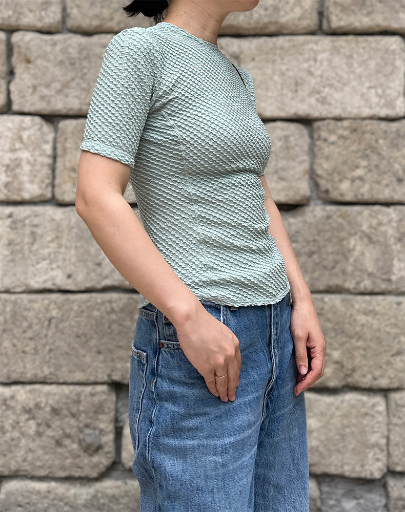 
                  
                    Load image into Gallery viewer, Shirring Jersey Jacquard Short Sleeve Top / 301165252004
                  
                